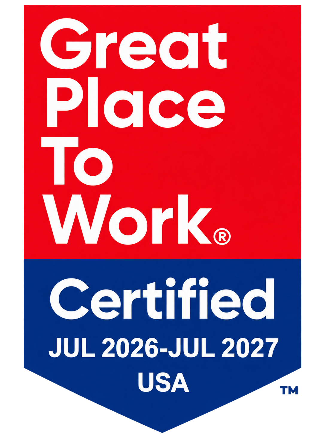 Great Place to Work® Certified badge, July 2026–July 2027, USA